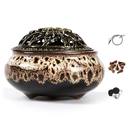 Incense Burner with Calabash Incense Stick Holder - Porcelain Charcoal Censer for Use with Resin Granular Powder Cone or Coil Incense (Fambe Gray) - color: Fambe Gray