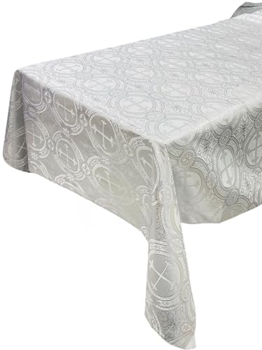 New Creations Fabric & Foam Inc, Rectangular Metallic Cross Brocade Jacquard Satin Tablecloth Overlay/Religious Brocade/Liturgical Fabric/Church. (White-Silver, 60" x 102" Inches) - color: White-silver