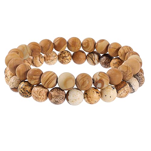 Bivei Natural Crystals Gemstone Healing Stretchy Round Beaded Bracelet - color: 8mm Wood Grain Jasper & Picture Jasper (Creativity), size: Medium: 6.8-7.24 inch