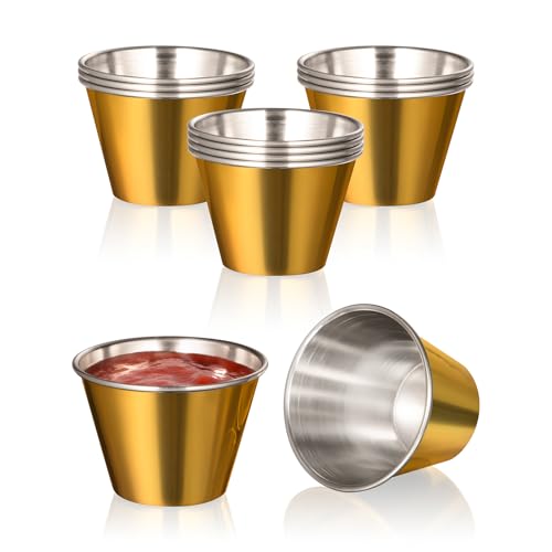 Fit Meal Prep 12 Pack 2.5 oz Gold Stainless Steel Dipping Sauce Cups, Reusable Metal Ramekins, Commercial Grade Condiment Bowls, Individual Portion Cups, Small Round Au Jus Cup for Home, Restaurant - size: 2.5 oz