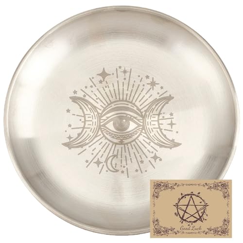 CREATCABIN Eye Altar Ritual Plate Dish Stainless Steel Flat Bowl Round Silver Jewelry Tray Tarot Offering Bowl Dish Candle Trinket Holder for Incense Burner Dowsing Divination 5.55 Inch - style: Silver Eye