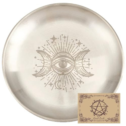 CREATCABIN Eye Altar Ritual Plate Dish Stainless Steel Flat Bowl Round Silver Jewelry Tray Tarot Offering Bowl Dish Candle Trinket Holder for Incense Burner Dowsing Divination 5.55 Inch - style: Silver Eye