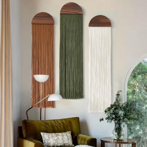 3pcs Macrame Wall Hanging Woven Wall Decor Brown Green Ivory 10"W*40"L - color: Brown Green Ivory