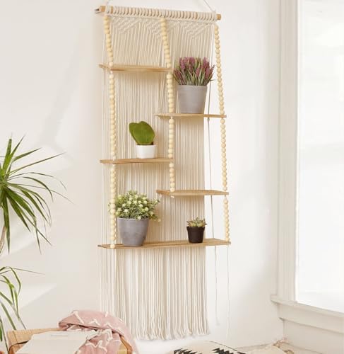 Macrame Wall Shelf Boho Hanging Organizer Floating Plant Shelf 11.8"W*47"L - color: Ivory2