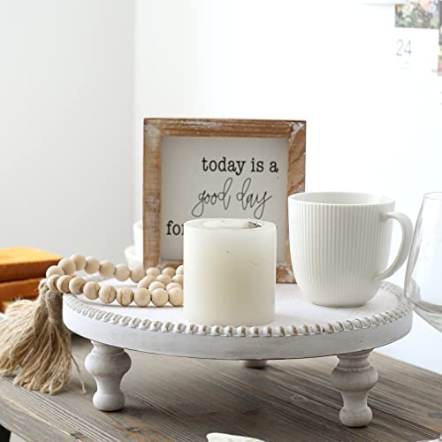 SwallowLiving Rustic White Round Wood Tray Riser Farmhouse Pedestal Stand with Beaded Edge for Decor Whitewash Finish Wooden Cupcake Display for Cakes and Decorative Items 11.8 inches - color: Rustic White