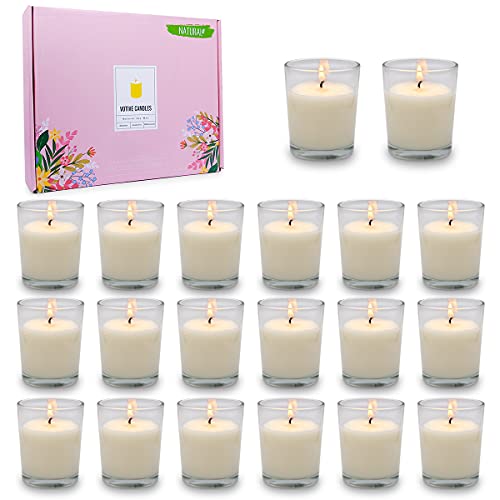 20 Packs Unscented White Votive Candles in Glass, Small 2 Inch Natural Soy Wax Non-Toxic Plain Clean Burning Candles for Wedding Table Home Spa Holidays Party - color: White