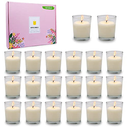 20 Packs Unscented White Votive Candles in Glass, Small 2 Inch Natural Soy Wax Non-Toxic Plain Clean Burning Candles for Wedding Table Home Spa Holidays Party - color: White