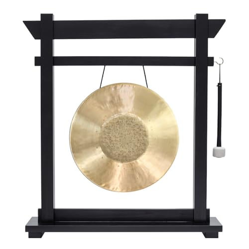 14" Gongs on Black Moksha Joe Stand - Includes Gong, Mallet, & Stand/Small Traditional Chinese Gong/Black Wood w/Matching Mallet/Easy to Assemble/Great for Small Spaces - size: 14" Tiger Gong