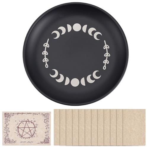 1 Set Altar Ritual Plate Bowl Stainless Steel Moon Shape Altar Bowl Flat Round Black Metal Astrology Tarot Offering Plate with Tarot Cards Ritual Offering Bowl for Witchcraft Wiccan - color: Moon Black