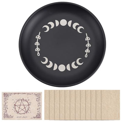 1 Set Altar Ritual Plate Bowl Stainless Steel Moon Shape Altar Bowl Flat Round Black Metal Astrology Tarot Offering Plate with Tarot Cards Ritual Offering Bowl for Witchcraft Wiccan - color: Moon Black
