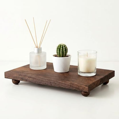 Large Wood Riser Tray - 12 x 7 Inch Farmhouse Wood Pedestal Stand for Kitchen Counter Decor, Soap Tray for Kitchen Sink, Bathroom & Vanity Display for Plants, Candles, Bottles (Dark Brown)