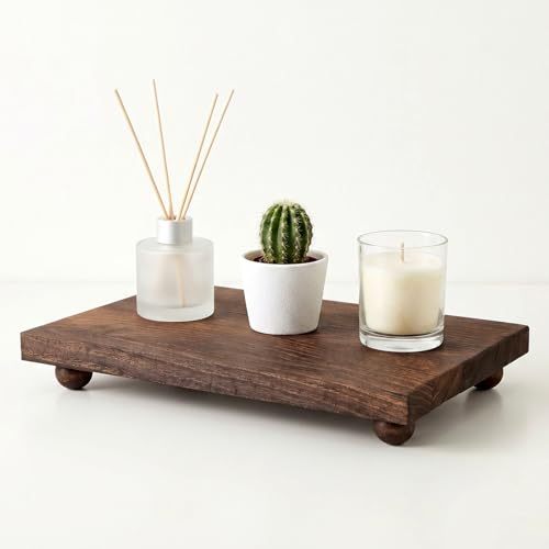 Large Wood Riser Tray - 12 x 7 Inch Farmhouse Wood Pedestal Stand for Kitchen Counter Decor, Soap Tray for Kitchen Sink, Bathroom & Vanity Display for Plants, Candles, Bottles (Dark Brown)