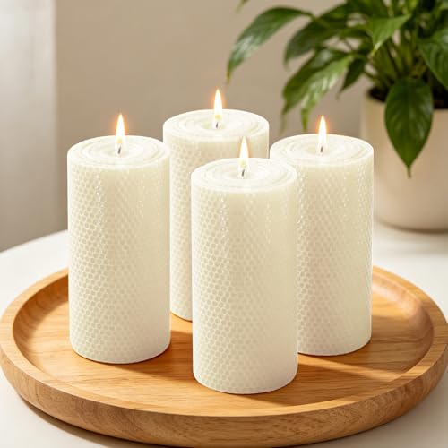 4 Pack Off-White Beeswax Pillar Candles, 3 x 6 in Hand-Rolled Wax Candle - color: Off-White