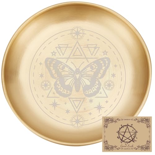 CREATCABIN Butterfly Altar Ritual Plate Dish Stainless Steel Bowl Round Golden Tarot Offering Bowl Dish Candle Holder Witchy Crystals Jewelry Tray for Incense Burner Dowsing Divination 5.55Inch - style: Golden Butterfly