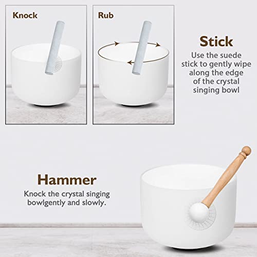 8 Inch F Note 432hz Heart Chakra Crystal Singing Bowl Healing Pure White with Carrying Case and Rubber Mallet Suede Strikers Oring - color: White F, size: 8 inch