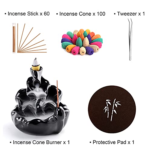 Kingrol Complete Backflow Incense Set: 1 Ceramic Cone Burner, Mat, Tweezer + 60 Sticks & 100 Backflow Cones for Zen Home Decor, Yoga, Meditation, Daily Relaxation