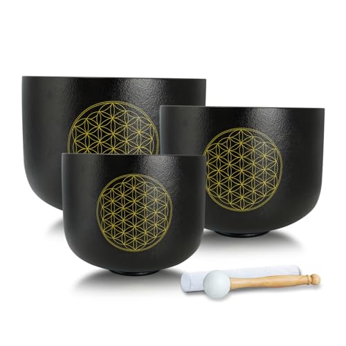 8"B 10"F 12"C Set of 3 Life of Flower Black Singing Bowls Frosted Chakra Quartz Sound Healing Crystal with 1 Mallet Suede 1 Striker 3 O-rings - size: 8"B 10"F 12"C