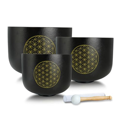Set of 3 Singing Bowls Life of Flower Black 8-12 inch 8"G 10"E 12"C Frosted Chakra Quartz Crystal Sound Healing Bowls with 1 Mallet Suede 1 Striker 3 O-rings - size: 8"G 10"E 12"C