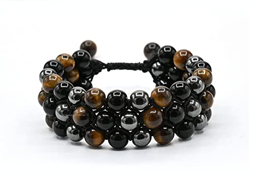 Amazing Gemstone Triple Protection Bracelet - Hematite Black Obsidian Tiger Eye Bracelet Set for Men Women Healing Calming Anxiety Stress Relief Gifts Stocking Stuffer (Adjustable, 3 Layer) - color: Triple Protection (3 Layer)