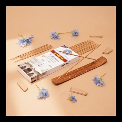 Incense Sticks 8 Inch, Made from Temple Flowers, Sandalwood and Frankincense Blend, Includes Incense Burner Stand, 80 Count, Long-Lasting Aroma for Meditation, Yoga, Home