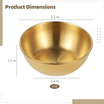 30 PCS Round Golden Sauce Bowls, 3.2 x 1.2 Inches Stainless Steel Dipping Sauce Cups, Small Seasoning Dish dipping Container, Prep Appetizer Plate, Condiment Holder Bowl for Home Restaurant Party