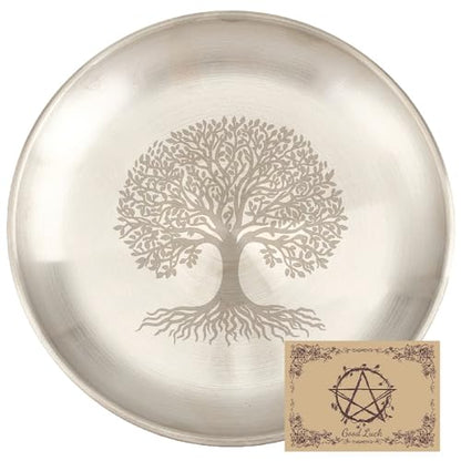 CREATCABIN Tree of Life Altar Ritual Plate Dish Stainless Steel Flat Bowl Silver Jewelry Tray Round Tarot Offering Bowl Dish Candle Trinket Holder for Incense Burner Dowsing Divination 5.55Inch - style: Silver Tree of Life