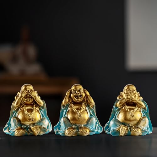 Houlu Small Laughing Buddha Statues Set of 3 – See No Evil, Hear No Evil, Speak No Evil Buddha Figurines for Good Luck, Feng Shui, and Home Decor