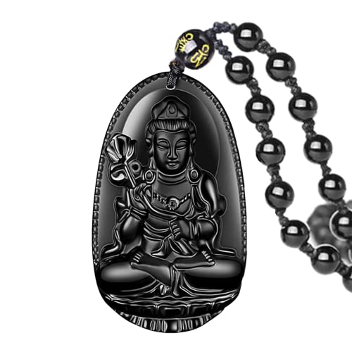 ASGIFT Black Obsidian Necklace Lucky Amulet Protection Pendant with Extended Bead Chain Healing Crystal Stone Talisman Necklaces Jewelry - color: Mahasthamaprapta