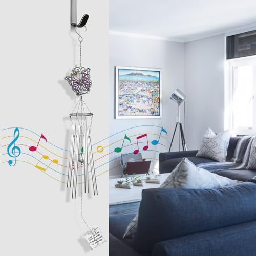 Outdoors Butterfly Wind Chimes Sympathy Memorial for Loss of Loved One - Soothing Melodic Tones Aluminum Chime Great as a Gift for Your Patio Porch Garden and Backyard (22.2" Silvery) - size: 22.2" Silvery Butterfly Ornament
