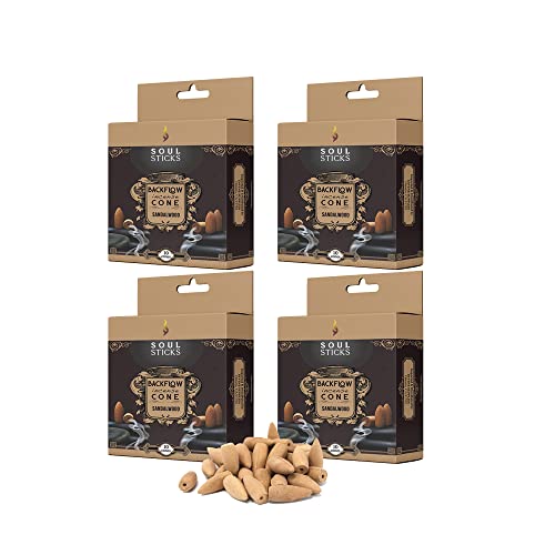 Soul Sticks Backflow Incense Cones – 40 Handmade Organic Cones for Waterfall Burner | 4 Pack Long Lasting Aromatic Scents | Thick White Smoke Incense for Meditation, Yoga & Gifts (Sandalwood) - color: Sandalwood