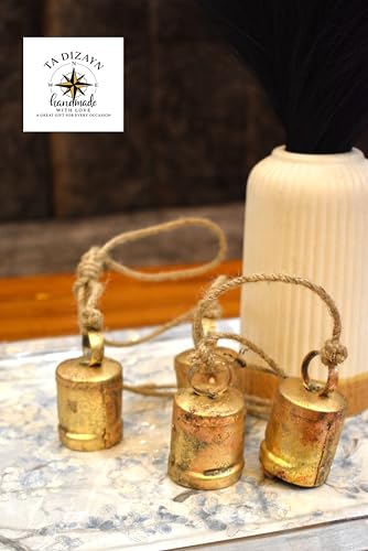 TA DIZAYN Handmade Decorative Bells, Gold Finish, Jute Rope, Rustic Style, Wall Hanging Decor, Door Knob, Wiccan Gifts for Home Wall Door