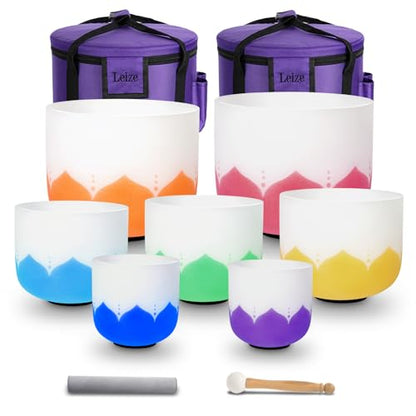 Leize 6-12 inch Lotus Design Chakra Tuned 432hz Set of 7 Quartz Crystal Singing Bowls with Heavy Duty Carrying Cases and Singing Bowl Mallet Suede Strikers - color: Lotus design