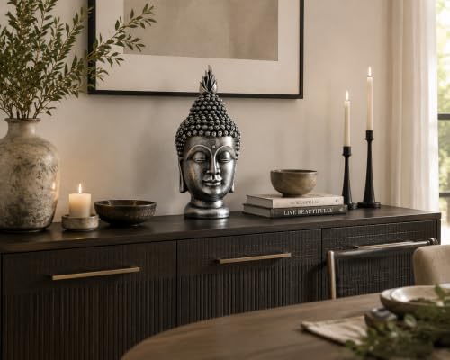 11 Inch Metallic Silver Buddha Head Statue - color: Metallic Silver