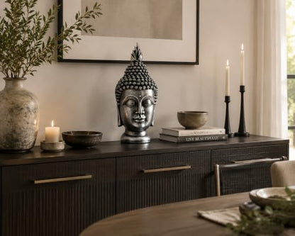 11 Inch Metallic Silver Buddha Head Statue - color: Metallic Silver