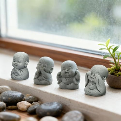 4Pcs Baby Buddha Statue Set, 2 Inch Mini Zen Monk, Sandstone Buddha for Desk Decor, Laughing Buddha for Good Luck, Car Dashboard, Home & Living Room Decor with Blessing Amulet