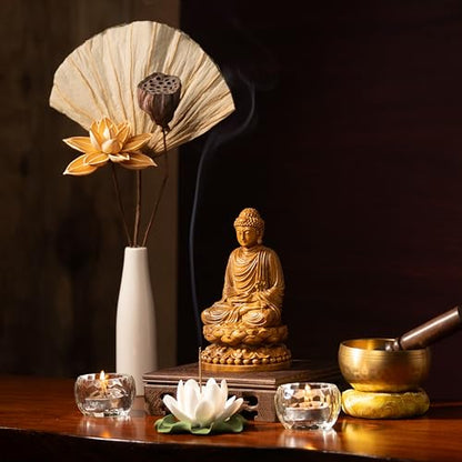 Buddha Statue Indoor with Gift Box and 108 Bead Mala - Hand Carved Shakyamuni Buddha 15cm/6in for Meditation, Altar, Zen Decor - Buddhist Spiritual Gift Set for Peace and Mindfulness - style: Meditating Buddha on Lotus
