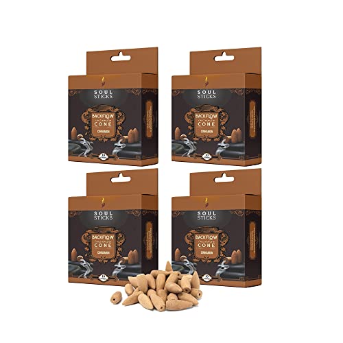 Soul Sticks Backflow Incense Cones – 40 PCS Organic Handmade Cones for Waterfall Burner | 4 Pack Long Lasting Aromatic Scents | Thick White Smoke Incense for Meditation, Spiritual Gift (Cinnamon) - color: Cinnamon
