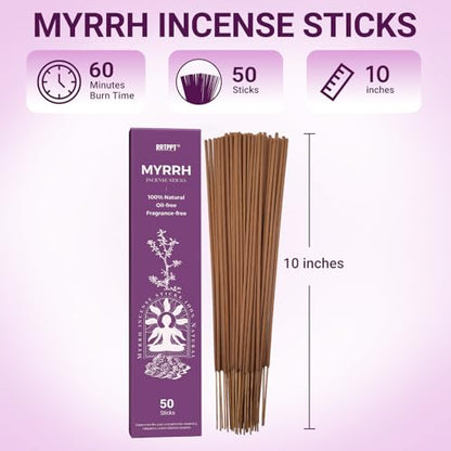 Myrrh Incense Sticks (50 Sticks), 100% Natural sustainably harvested Myrrh Resin, Suitable for Yoga, Meditation, Relaxation, and Spiritual Purification - color: Myrrh