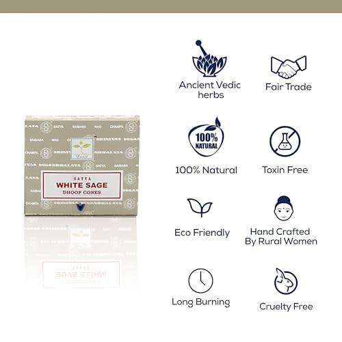 Satya Sai Baba White Sage Original Earth Marked Natural Masala Incense 144 Dhoop Cones in Pack of 12 Boxes | Best for Prayer, Meditation and Relaxation
