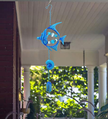 CoTa Global Blue Fish Sea Glass Hanging Wind Chime 19.69 Inch, Nautical Glass Windchime Outdoor Decor for a Harmonic Porch, Patio & Garden, Unique Beach Art Indoor Wind Chime Window Mobile