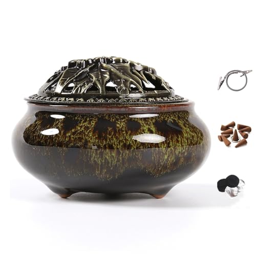 Incense Burner with Calabash Incense Stick Holder - Porcelain Charcoal Censer for Use with Resin Granular Powder Cone or Coil Incense (Fambe Green) - color: Fambe Green