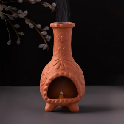 Handmade Palo Santo & Sage Burning Dish, Mini Floral Chiminea Smudge Bowl - color: Terracotta -Flower Palo Santo Holder