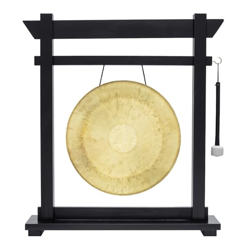 14" Gongs on Black Moksha Joe Stand - Includes Gong, Mallet, & Stand/Small Traditional Chinese Gong/Black Wood w/Matching Mallet/Easy to Assemble/Great for Small Spaces - size: 15" White Gong