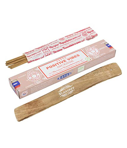 Satya Positive Vibes Incense Sticks, Satya Bng (Bangalore) Insenses 15gmx3 Pack (45 GMS) with Raajsee Incense Holder Bundle, Satya Nagchampa Natural Incense - color: Positive Vibes