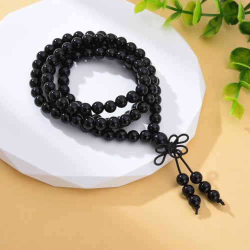 108 Mala Beads Stretch Bracelet 6mm Natural Gemstone Prayer Beaded Necklace - color: Black Onyx