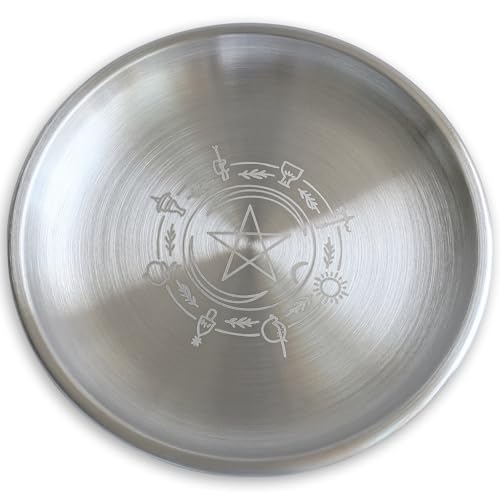 Stainless Steel Offering Bowl, 5.5 Inch Ritual Plate, Silver, for Altar and Incense (Wicca Pentacle) - style: Wicca Pentacle