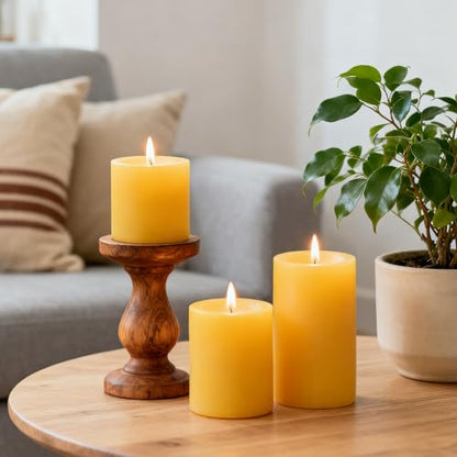 Set of 3 Natural Beeswax Pillar Candles - 3 inch Wide, Yellow, Unscented - size: 3x3 inch 3x4 inch 3x6 inch