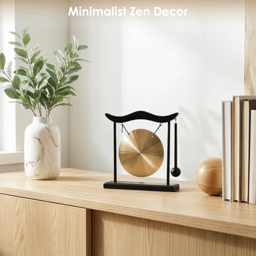 YOUEON Zen Table Gong with Wooden Frame and Mallet, Brass Desktop Meditation Gong Decor, Smooth Polished Copper Ornament for Home, Office, Yoga & Mindfulness Gift