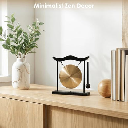 YOUEON Zen Table Gong with Wooden Frame and Mallet, Brass Desktop Meditation Gong Decor, Smooth Polished Copper Ornament for Home, Office, Yoga & Mindfulness Gift