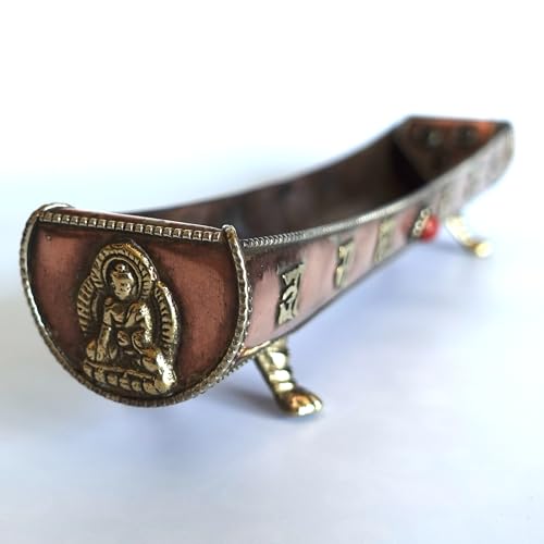 Traditional Handmade Incense Holder for Sticks and Cones | 100% Pure Copper & Brass Incense Burner | Buddhha & Buddhist Text | Stand Holds 6 Sticks & 6 Cones | Effective Ash Catcher